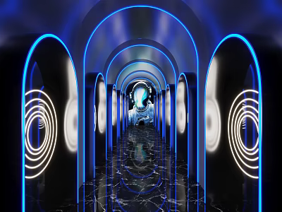 Modern KTV Corridor With Blue Neon Arches Reflective Black Marble Floor And Circular Lights 3d model