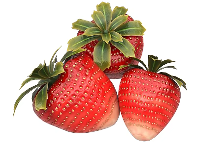 Fresh Ripe Red Juicy Strawberries With Green Leaves And Seeds 3d model