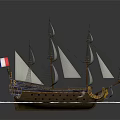 Exquisite Wooden Sailing Ship Model with White Sails and French Flag on Wave Base
