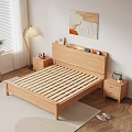 Wooden Double Bed with Headboard Nightstand Table Lamp Potted Plant and Wall Art Near Window
