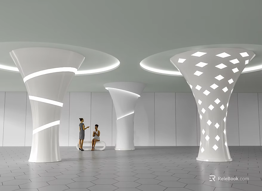 Modern White Columns with Spiral Lines and Diamond Cutouts in Interior Hexagonal Flooring 3d model 