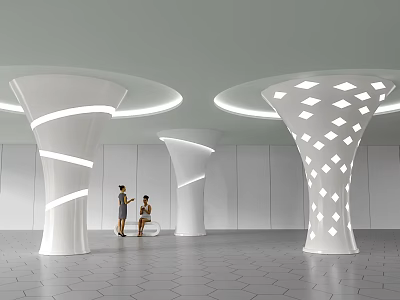 Modern White Columns with Spiral Lines and Diamond Cutouts in Interior Hexagonal Flooring 3d model