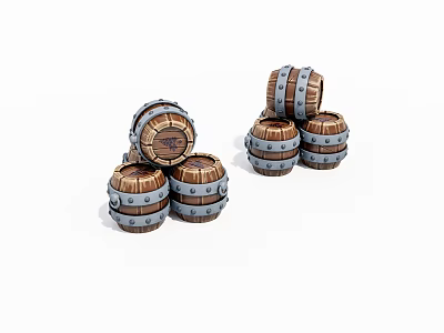 Stacked Wooden Barrels With Metal Bands For Decorative Storage 3d model