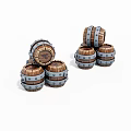 Stacked Wooden Barrels With Metal Bands For Decorative Storage
