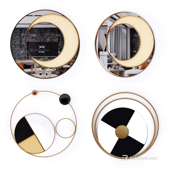 Modern Geometric Wall Decor with Circular Frames Gold Accents and Black White Patterns 3d model