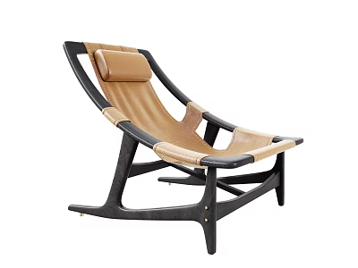 Modern Lounge Chair With Brown Leather Upholstery And Black Wooden Frame Structure 3d model