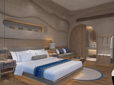 Serene Hotel Room Interior With Textured Walls Wooden Bed And Cozy Decor 3d model