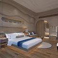 Serene Hotel Room Interior With Textured Walls Wooden Bed And Cozy Decor