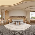 Modern Bedroom Interior With Wooden Bed Round Pendant Light Decorative Wall Art And Bedside Tables