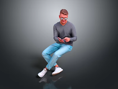 Man Sitting Using Smartphone Wearing Gray Sweater Light Blue Jeans White Shoes Against Gray Background 3d model