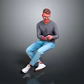 Man Sitting Using Smartphone Wearing Gray Sweater Light Blue Jeans White Shoes Against Gray Background