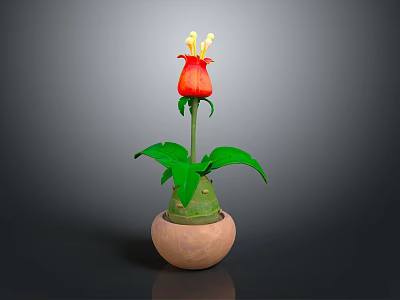 Potted Plant Featuring Red Flower Yellow Stamens and Green Leaves in Clay Pot 3d model