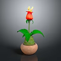 Potted Plant Featuring Red Flower Yellow Stamens and Green Leaves in Clay Pot