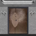 Elegant Copper Textured Double Doors With Leaf Shaped Inlay Against Marble Wall And Wall Sconces