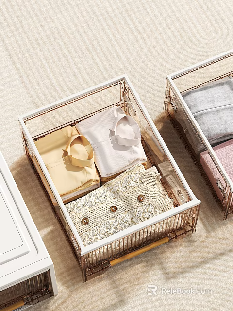White Metal Clothing Storage Baskets in Drawer Containing Foldable Shirts and Colored Knitwear 3d model 