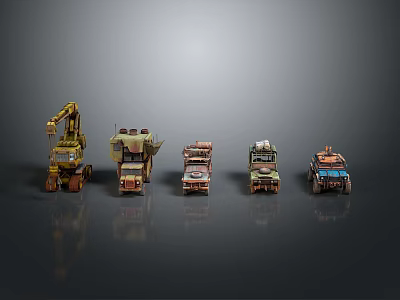 Colorful Toy Vehicles Various Types Including Crane Truck And Delivery Van On Dark Reflective Surface 3d model