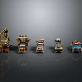 Colorful Toy Vehicles Various Types Including Crane Truck And Delivery Van On Dark Reflective Surface