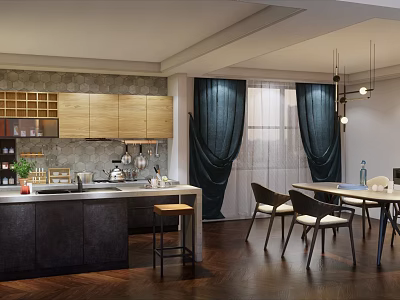 Modern Restaurant Interior With Wooden Cabinets Stone Wall Dark Curtains Dining Table And Chairs 3d model