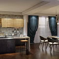 Modern Restaurant Interior With Wooden Cabinets Stone Wall Dark Curtains Dining Table And Chairs