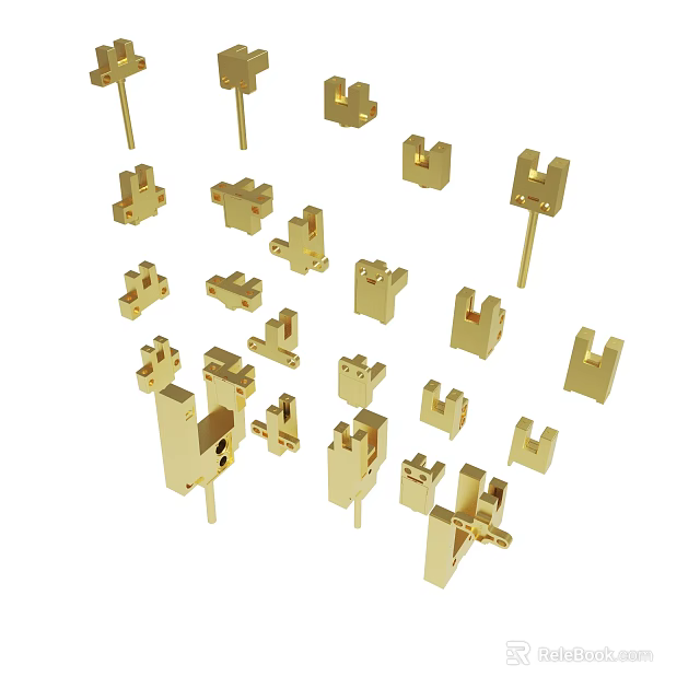 Golden Mechanical Metal Parts With Various Shapes And Small Sizes 3d model 