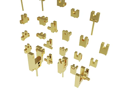 Golden Mechanical Metal Parts With Various Shapes And Small Sizes 3d model