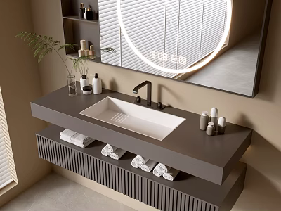 Modern Bathroom Vanity Cabinet With Wall Mounted Sink Faucet Mirror And Towels 3d model