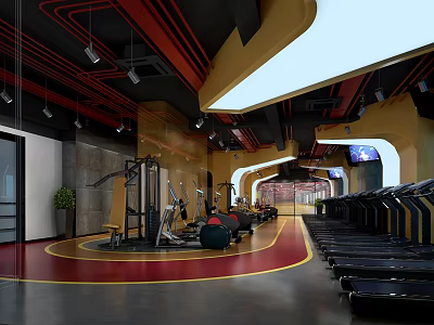Modern Gym Interior With Open Space Treadmills Strength Training Equipment And Red Yellow Decor 3d model