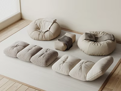 Light Colored Bean Bag Sofa Set With Cozy Cushions And Indoor Wooden Floor 3d model