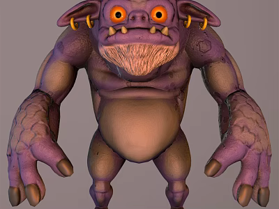 Purple Skinned Fantasy Creature With Orange Eyes Large Ears Beard And Bulky Textured Body 3d model