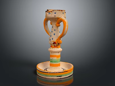 Ceramic Candle Holder With Two Handles Blue Dots And Colorful Base Stripes 3d model