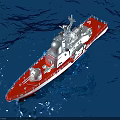 Red Water Vessel With Upper Structure And Antennas Sailing On Blue Water
