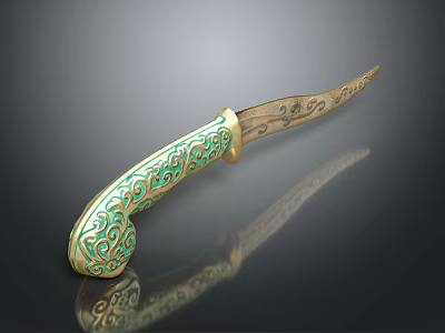 Traditional Ornate Decorative Knife With Intricate Green And Gold Handle Patterns 3d model
