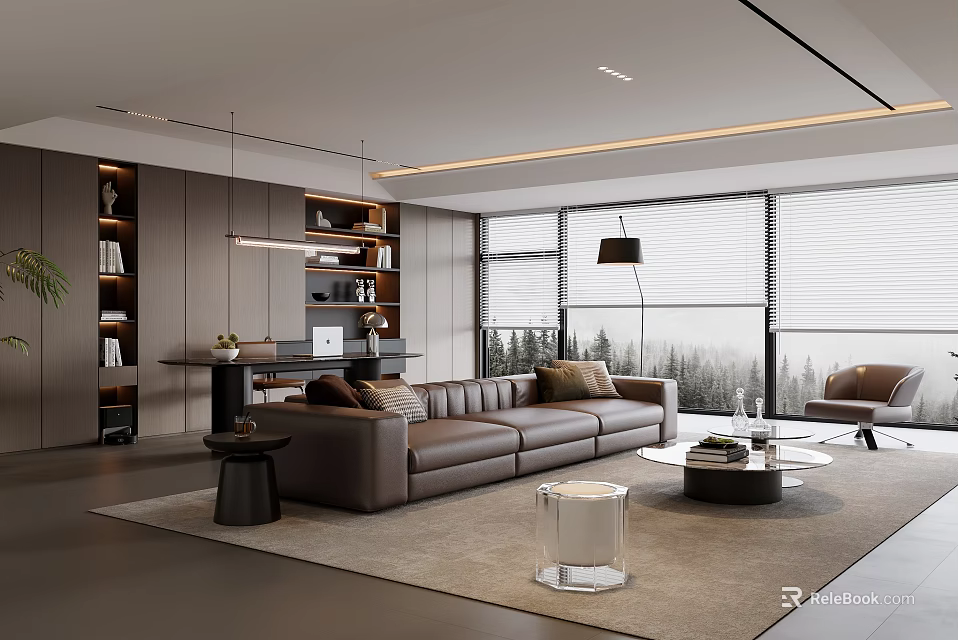 Modern Spacious Living Room Interior With Brown Leather Sofa Bookshelves And Floor to Ceiling Windows 3d model 