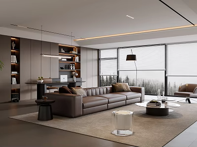 Modern Spacious Living Room Interior With Brown Leather Sofa Bookshelves And Floor to Ceiling Windows 3d model