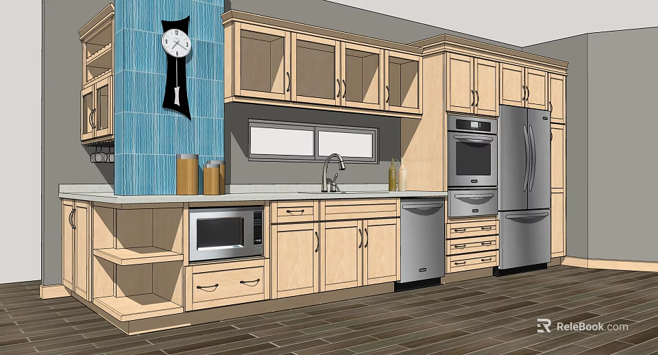 Light Wooden Kitchen Cabinets With Stainless Steel Appliances Sink And Window 3d model 