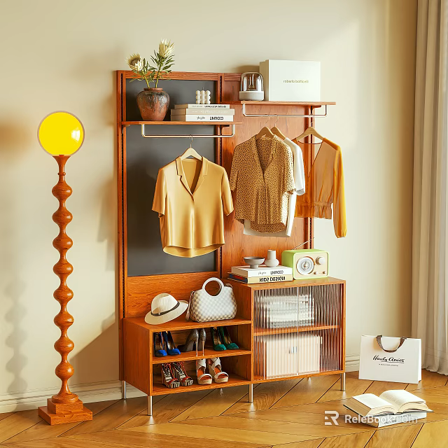 Wooden Clothes Rack With Hanging Yellow Tops Storage For Shoes Hats And Bags 3d model 