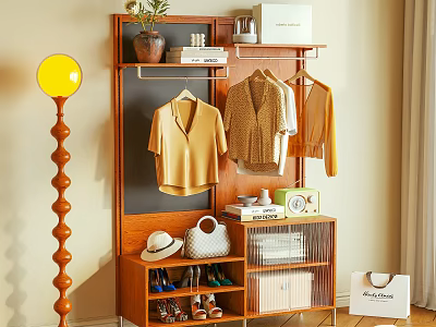 Wooden Clothes Rack With Hanging Yellow Tops Storage For Shoes Hats And Bags 3d model