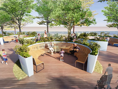 Outdoor Circular Chairs On Wooden Deck With Green Trees And People Relaxing 3d model