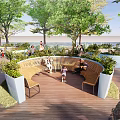 Outdoor Circular Chairs On Wooden Deck With Green Trees And People Relaxing