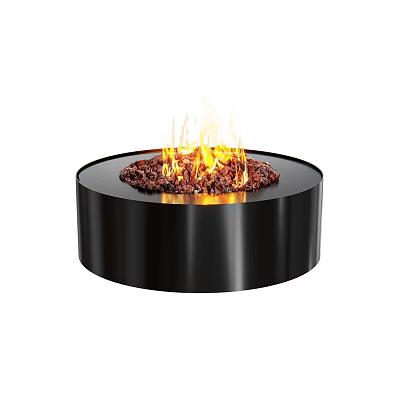 Round Black Fire Pit with Modern Design and Burning Flames Featuring Lava Rocks 3d model