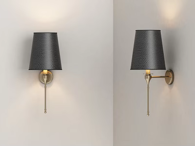Stylish Black Lampshade Wall Lamp With Golden Bracket Mounted On Light Wall 3d model