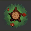 Wooden Stone Tree Stump Surrounded By Red Spotted Mushrooms And Green Grass