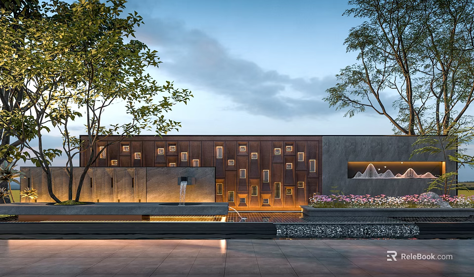Modern Building Facade With Bronze Square Cutouts Lush Trees Water Feature And Flower Beds 3d model 