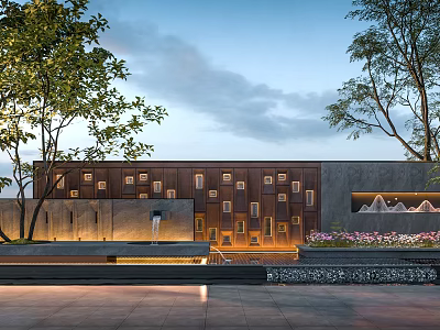 Modern Building Facade With Bronze Square Cutouts Lush Trees Water Feature And Flower Beds 3d model