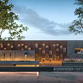 Modern Building Facade With Bronze Square Cutouts Lush Trees Water Feature And Flower Beds