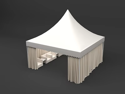 White Pointed Roof Tent With Hanging Side Curtains And Drapery Design 3d model
