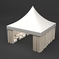 White Pointed Roof Tent With Hanging Side Curtains And Drapery Design