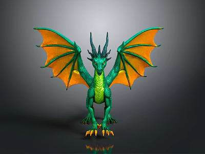 Green Dragon 3D Model with Orange Wings Horns and Yellow Claws on Gray Background 3d model