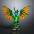 Green Dragon 3D Model with Orange Wings Horns and Yellow Claws on Gray Background