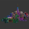 Cartoon City Scene 3D Model With Skyscrapers And Tall Spire Building